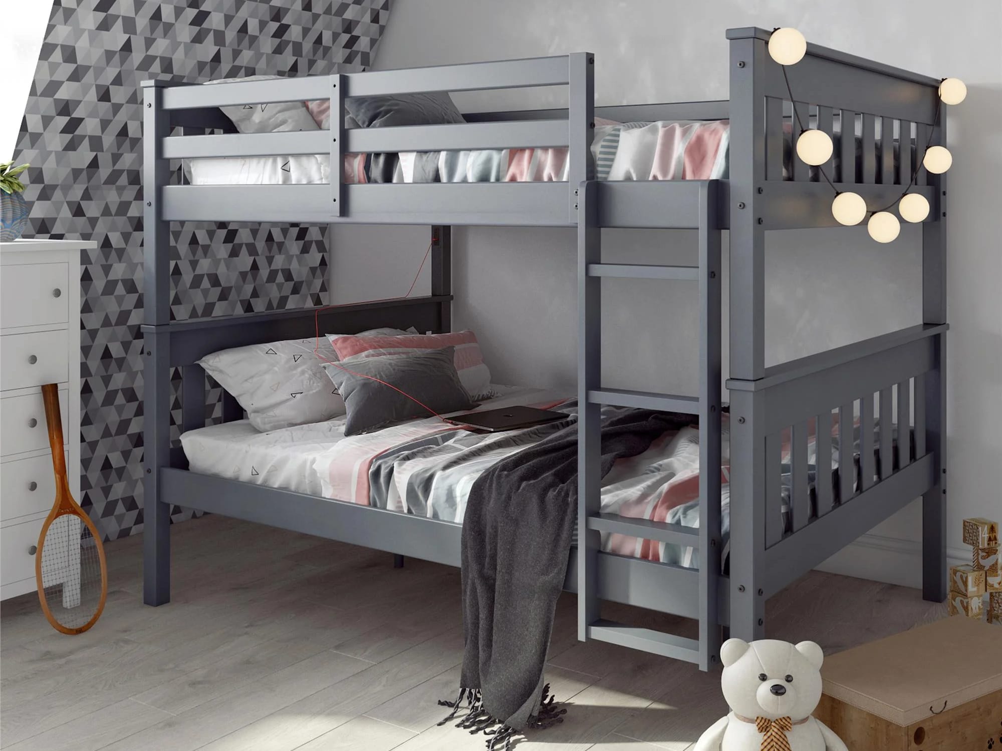 AlmedaCheatham Solid Wood Double Over Double Bunk Bed in gray finish.