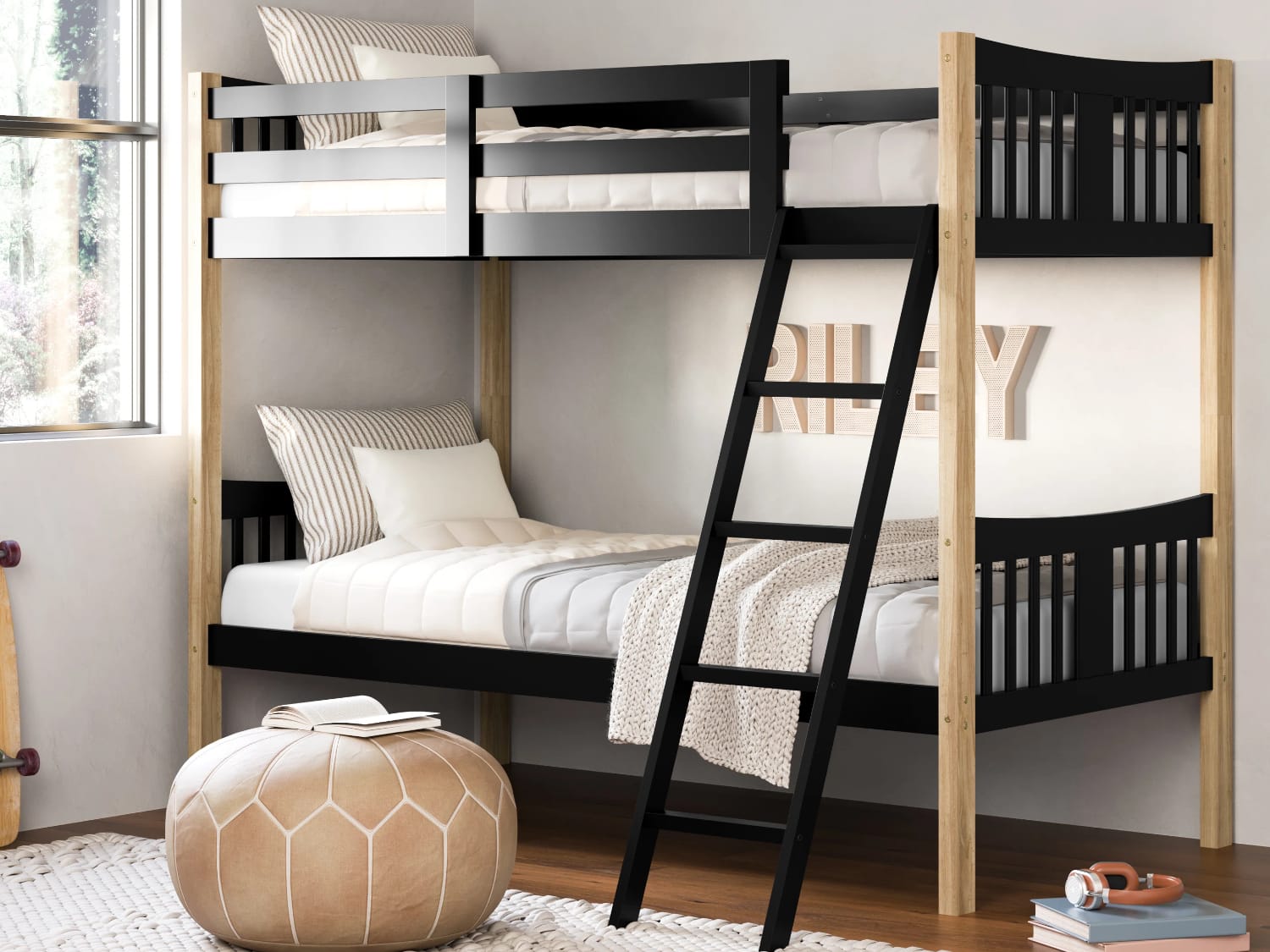 Caribou Twin Bunk Bed in natural and black finish.