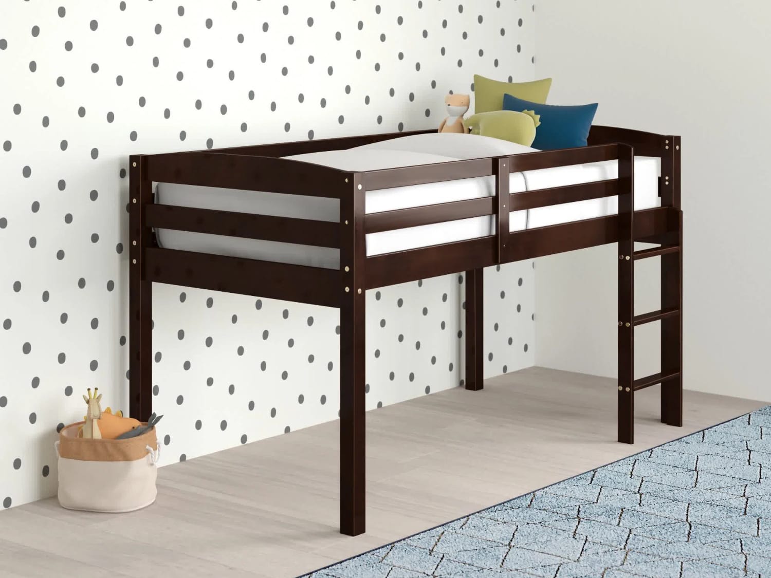 Alique Solid Wood Low Loft Bed in cappuccino finish.