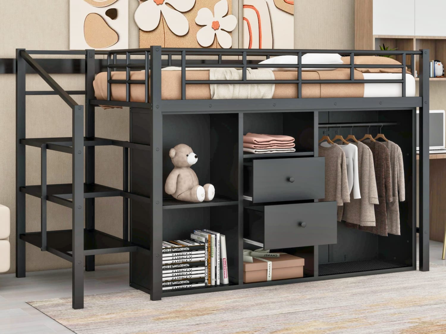 Alistair Twin Size Metal Loft Bed with drawers, bookcase and stairs in black finish.