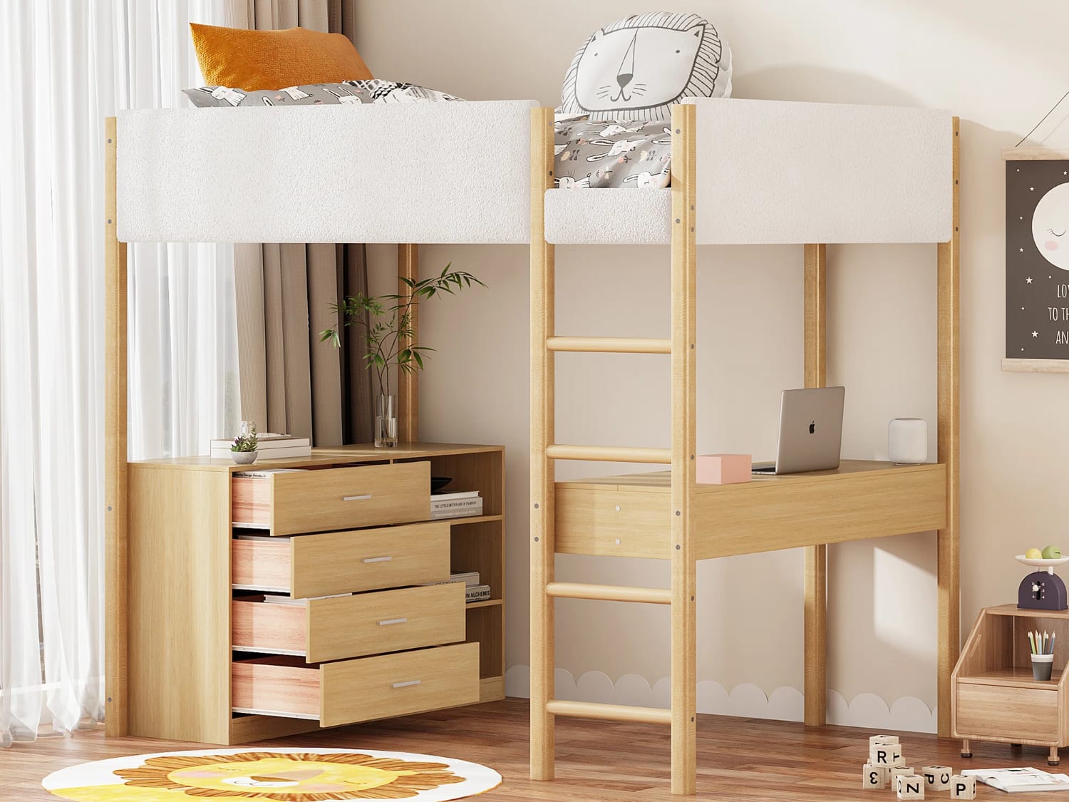 Aloisie Full Size Loft Bed with storage drawers and desk in gold finish.