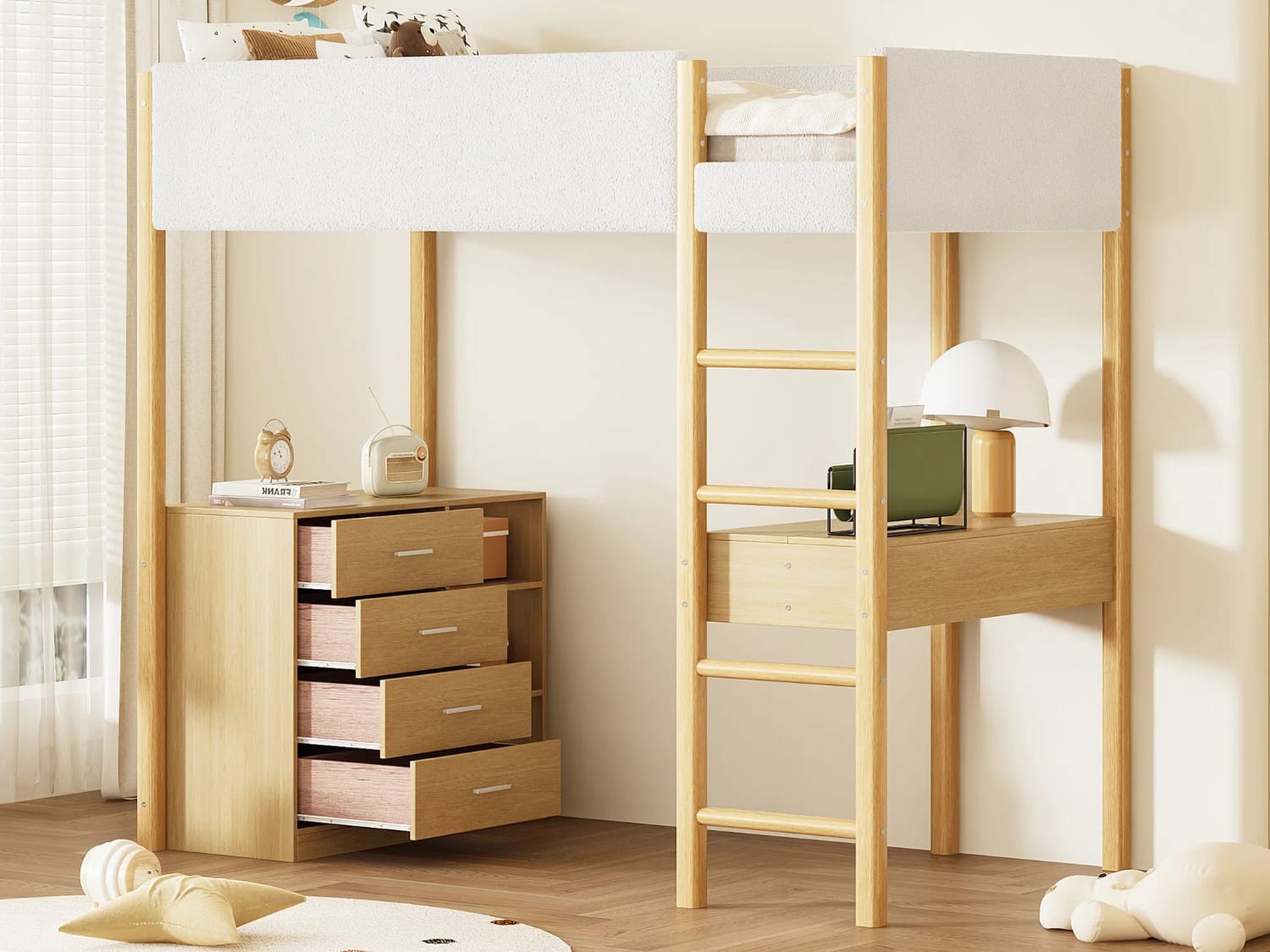 Aloisie Twin Size Loft Bed with storage drawers and desk in gold finish.