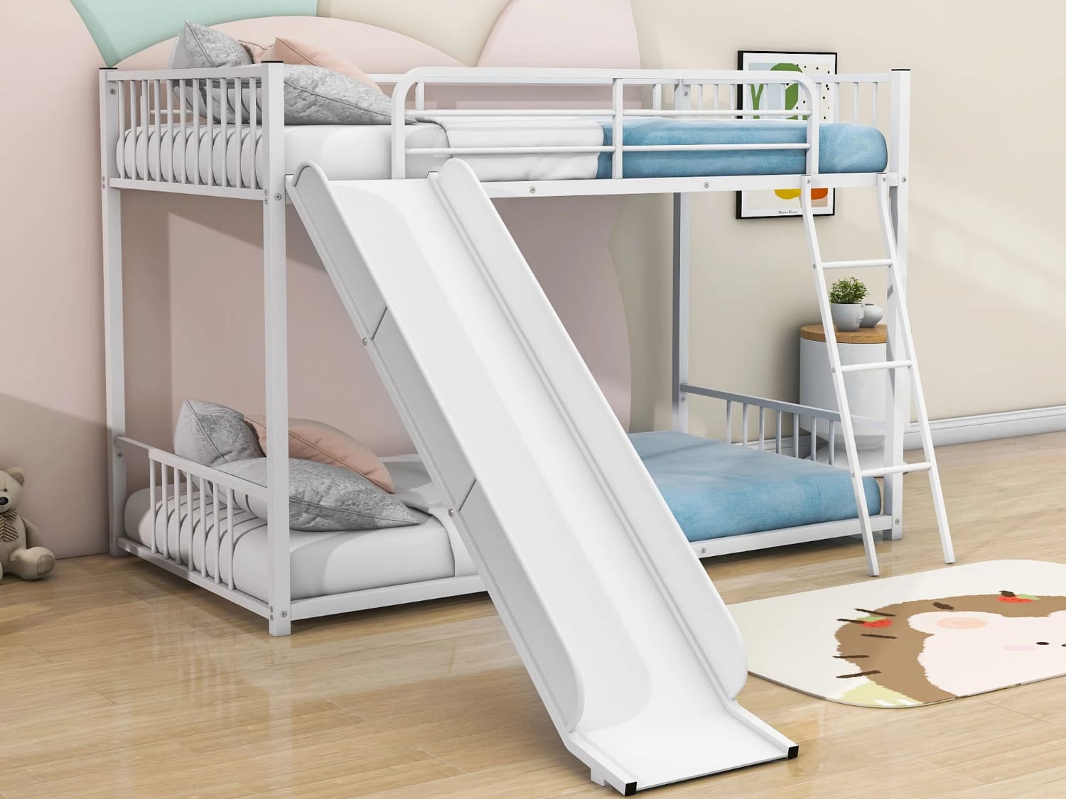 Ciacchi Low Metal Bunk Bed with slide in white finish.