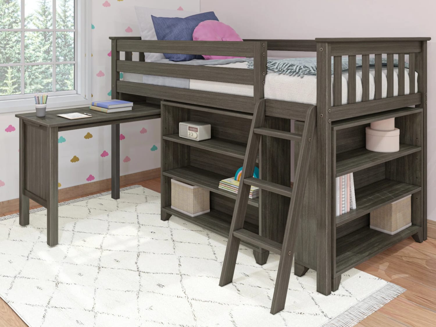 Classic Low Loft Bed with pull-out desk and bookcases in clay finish.