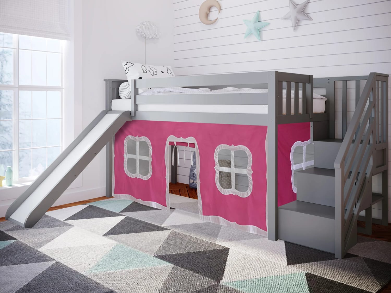 Classic Low Loft Bed in gray finish with slide, stairs and tent in pink.