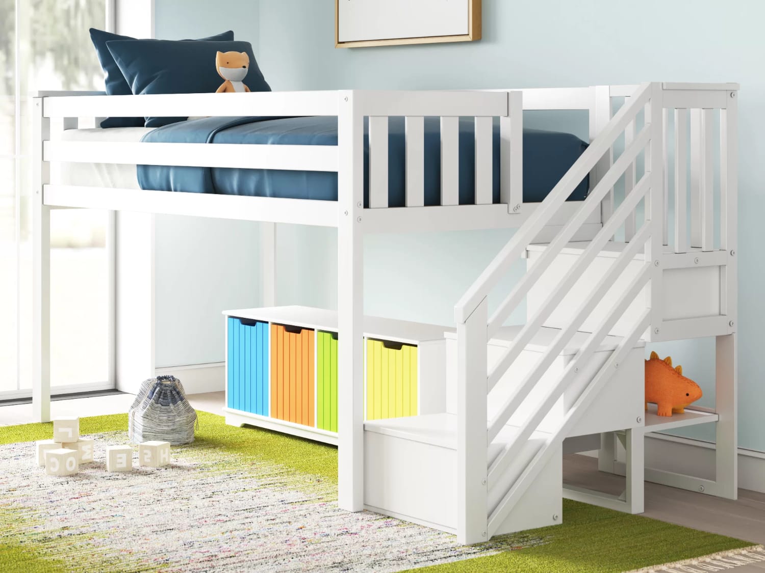 Classic Low Loft Bed With Stairs in white finish.