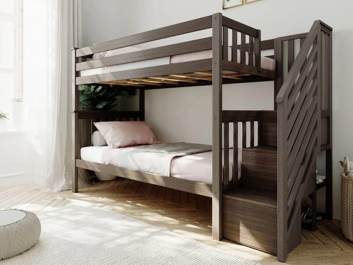 Classic Twin Over Twin Bunk Bed with staircase in clay finish.