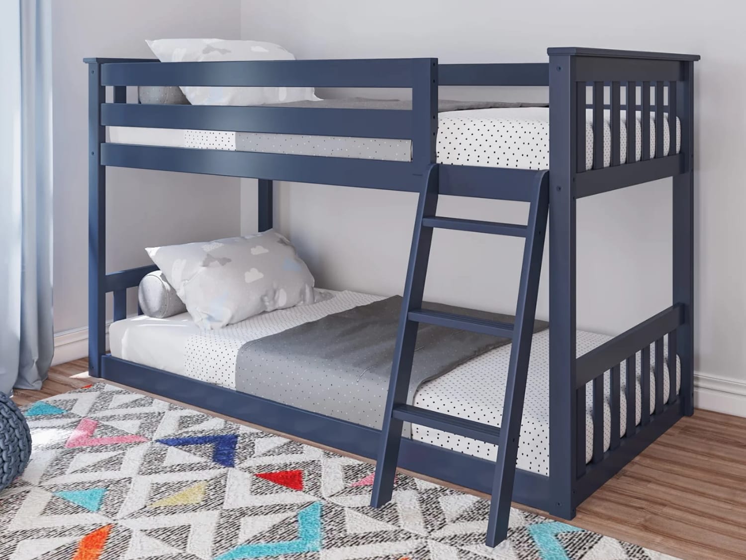 Classic Twin Over Twin Low Bunk Bed for boys in blue finish.