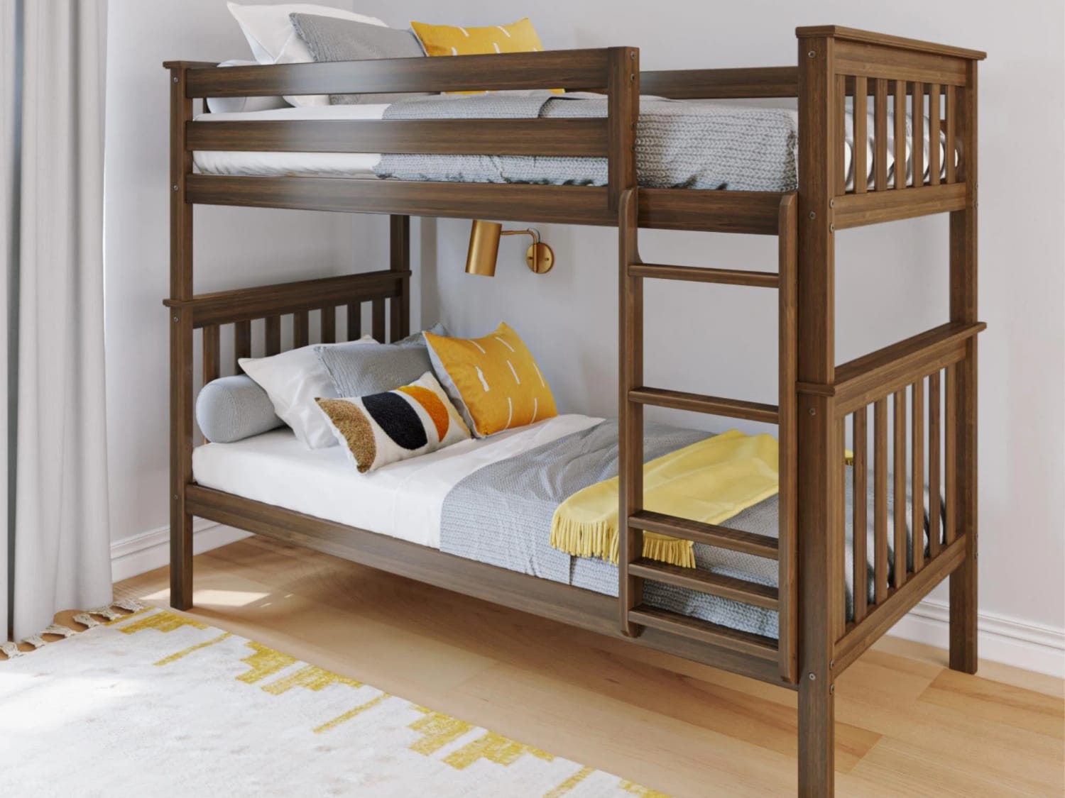 Classic Twin Over Twin Bunk Bed in walnut finish.