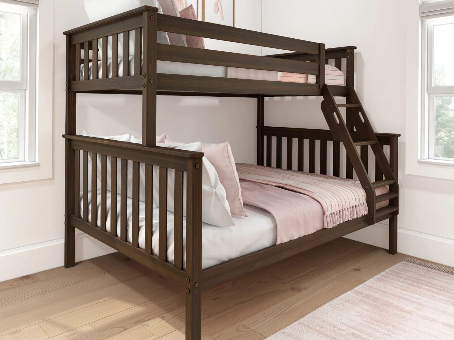 Classic Twin Over Full Solid Wood Bunk Bed in walnut finish.