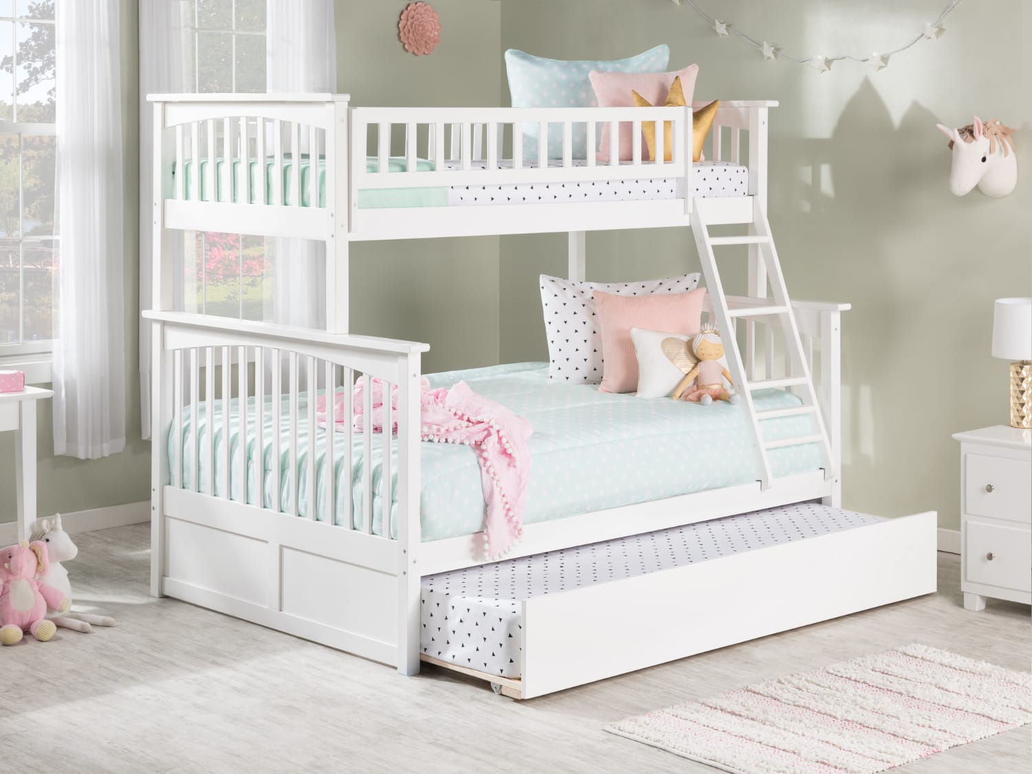 AFI Columbia Twin Over Full Bunk Bed with trundle in white finish.