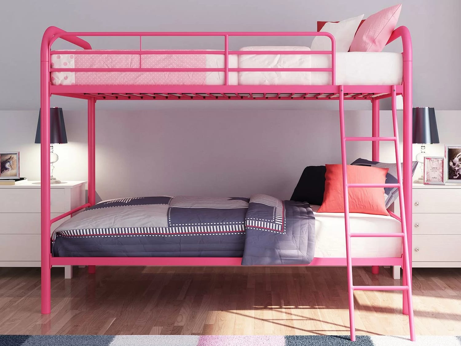 Daury Metal Twin Over Twin Bunk Bed for girls in pink finish.