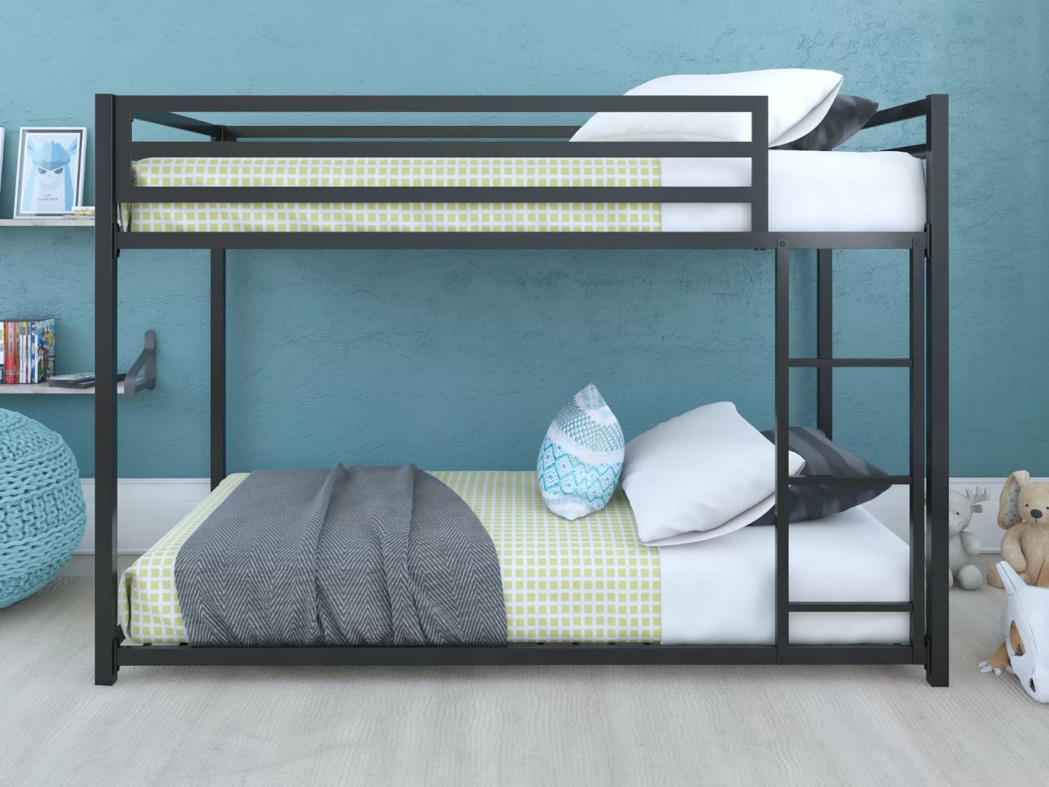 Eastfield Low Twin Over Twin Metal Bunk Bed in black finish.