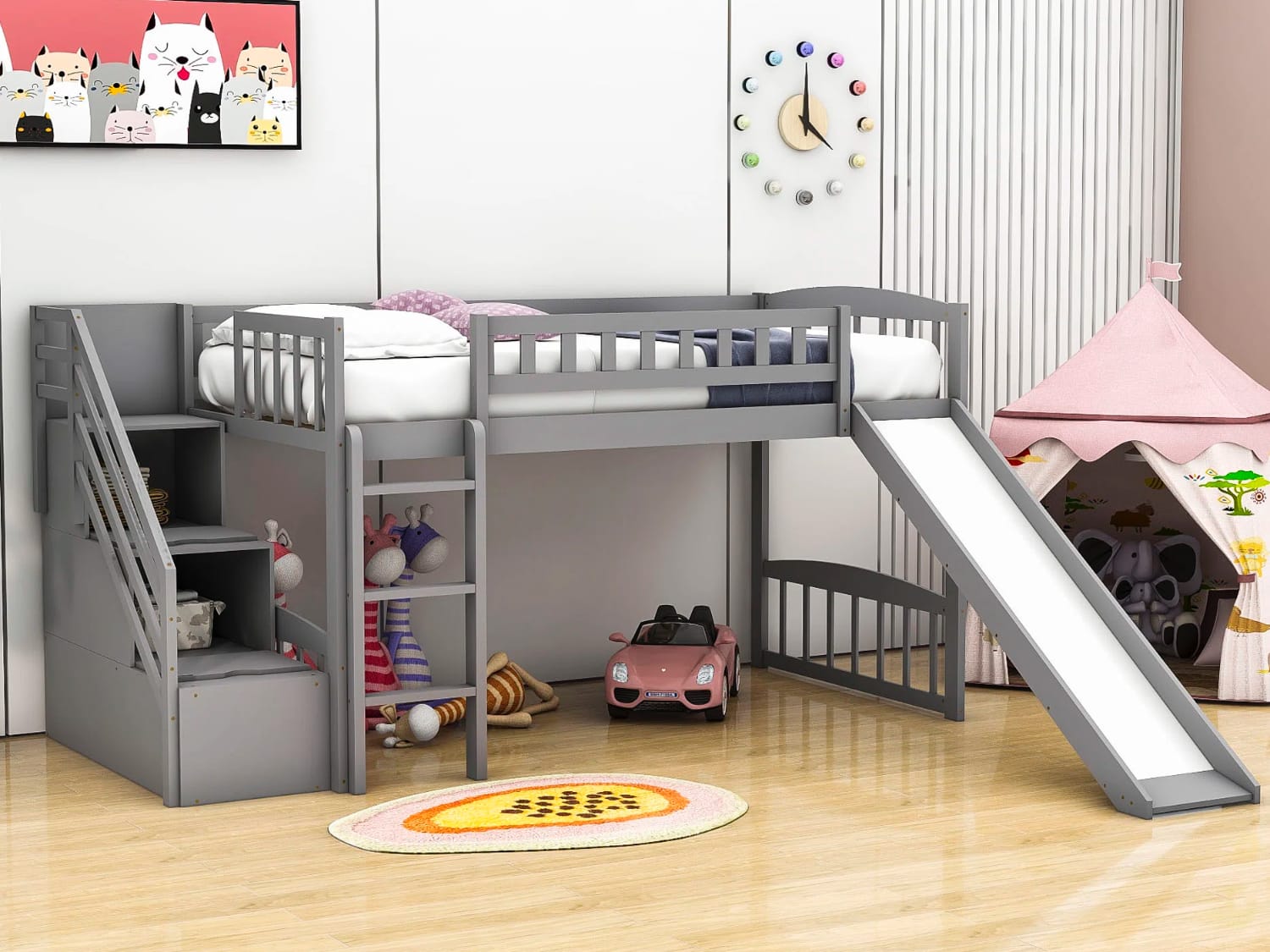 Erin Twin Size Low Loft Bed with slide and staircase in gray finish.