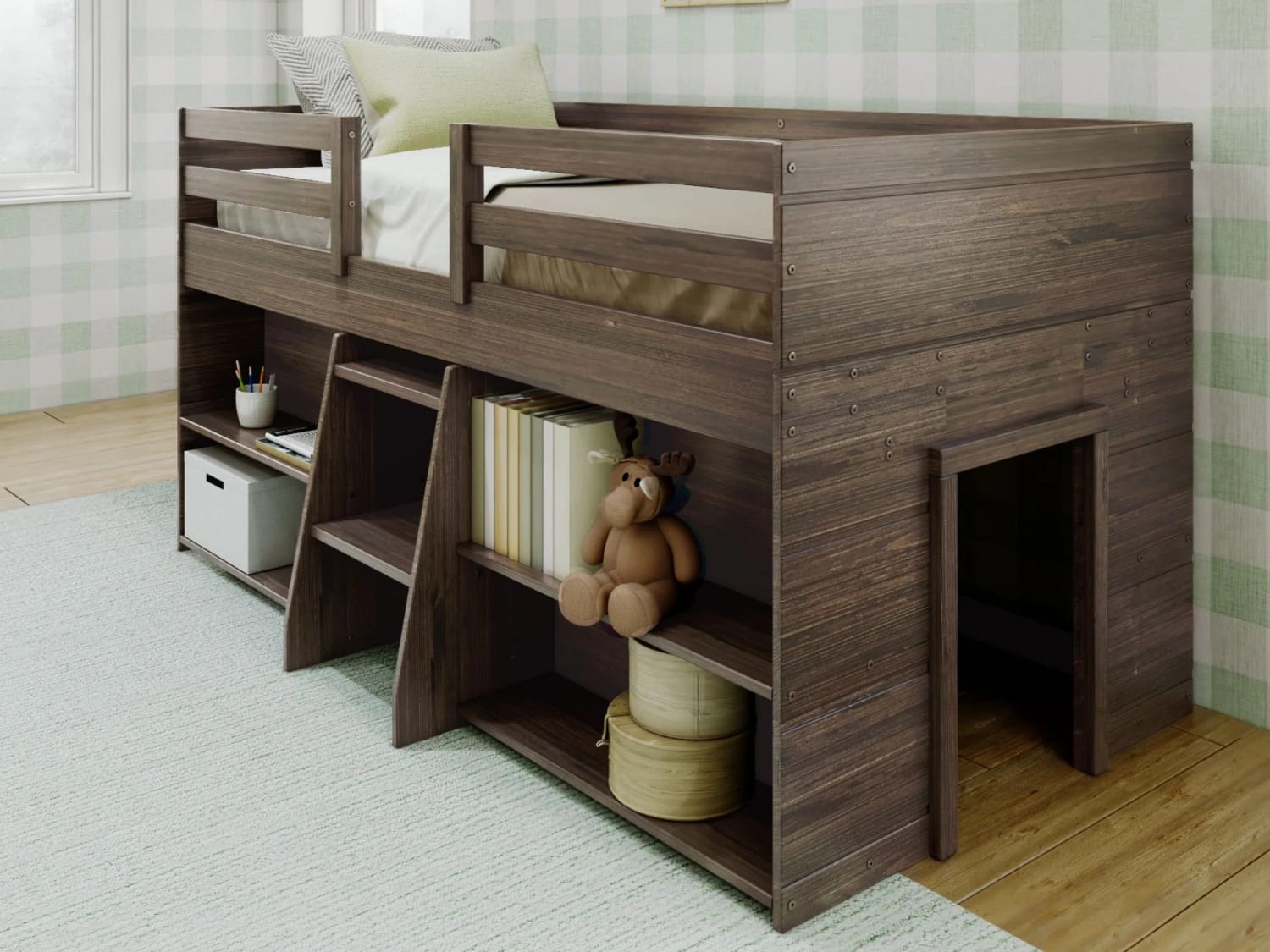 Modern Farmhouse Twin Size Low Loft Bed With Bookcases in barnwood brown finish.