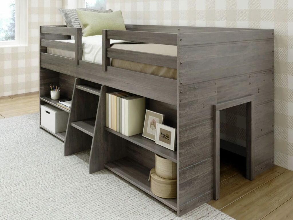 Modern Farmhouse Twin Size Low Loft Bed With Bookcases in driftwood finish.