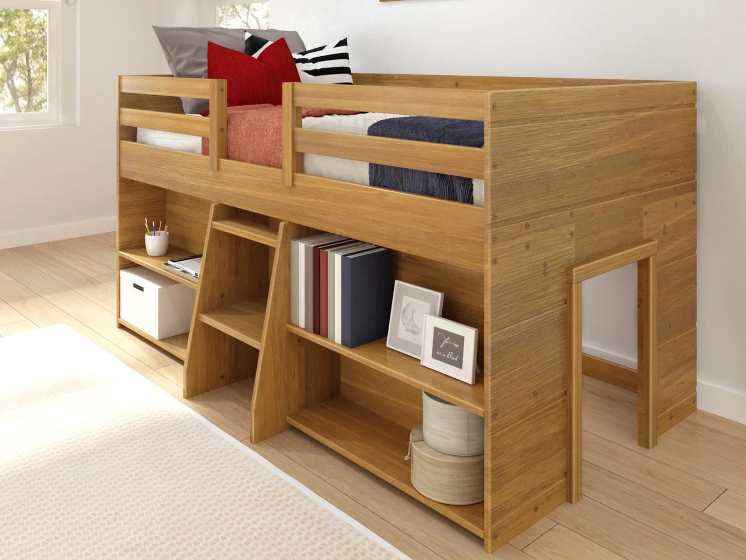 Modern Farmhouse Twin Size Low Loft Bed With Bookcases in pecan finish.