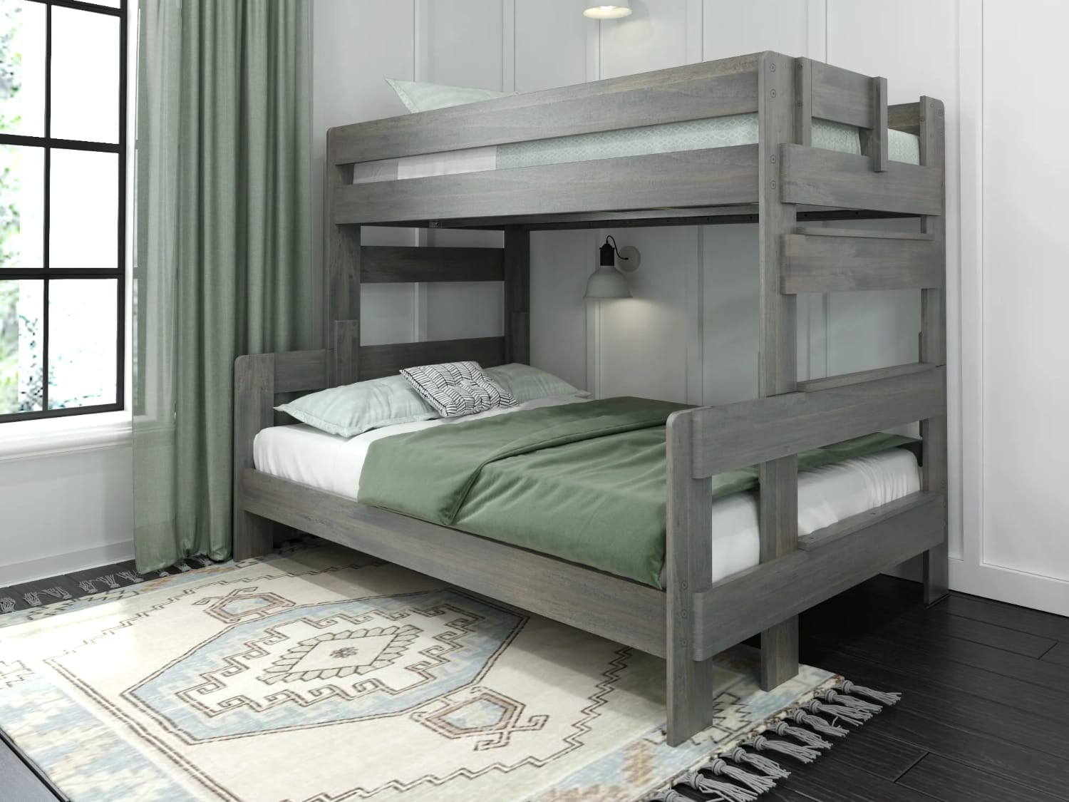 Modern Farmhouse Twin Over Full Bunk Bed in driftwood finish.