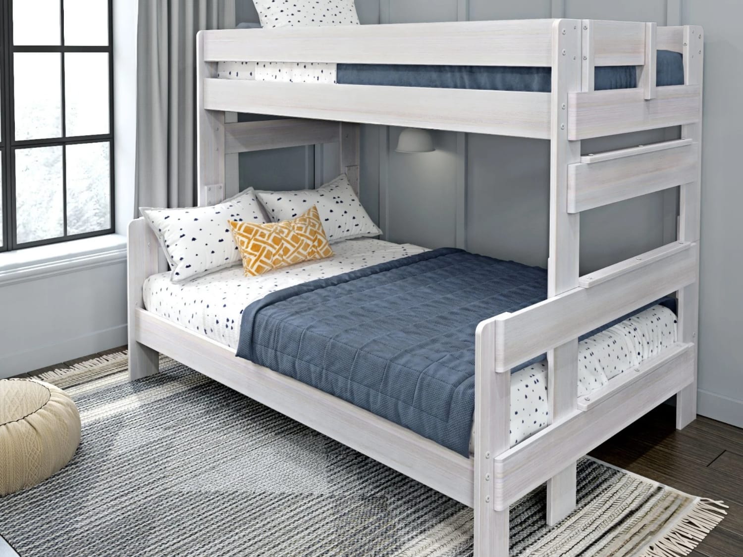 Modern Farmhouse Twin Over Full Bunk Bed in whitewash finish.