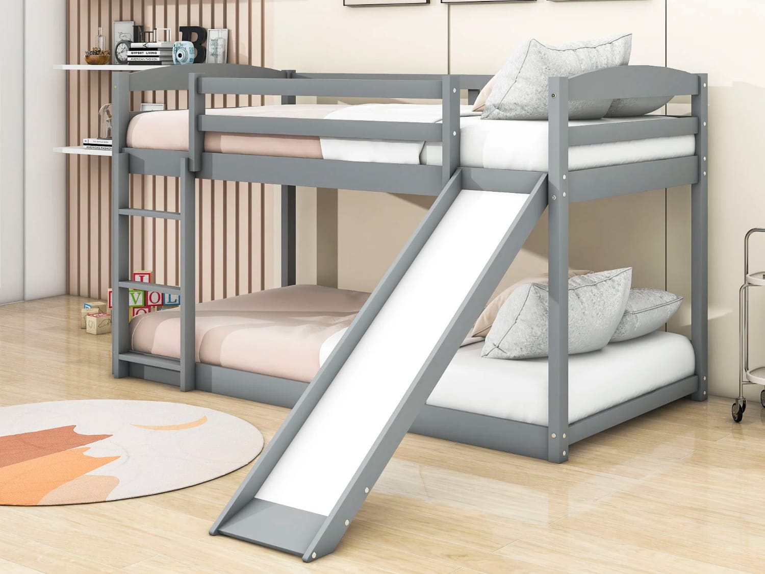 Harmanie Low Twin Over Twin Bunk Bed with slide in gray finish.