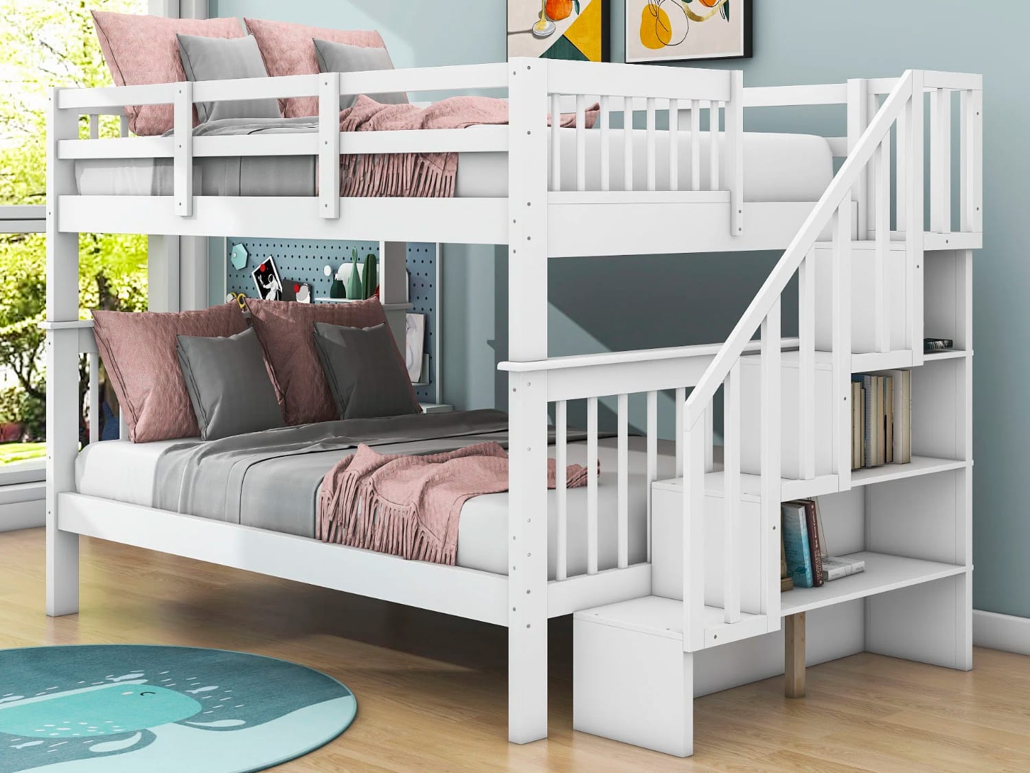 Harriet Bee Full Over Full Bunk Bed with stairs in white finish.