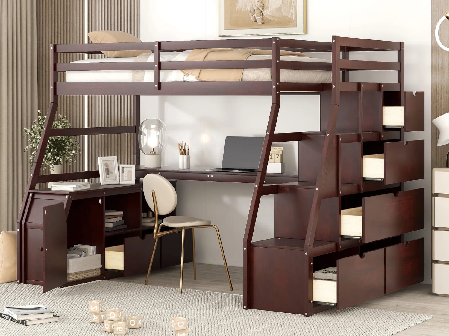 Heiki Twin Size Loft Bed with desk, storage drawers and stairs in espresso finish.