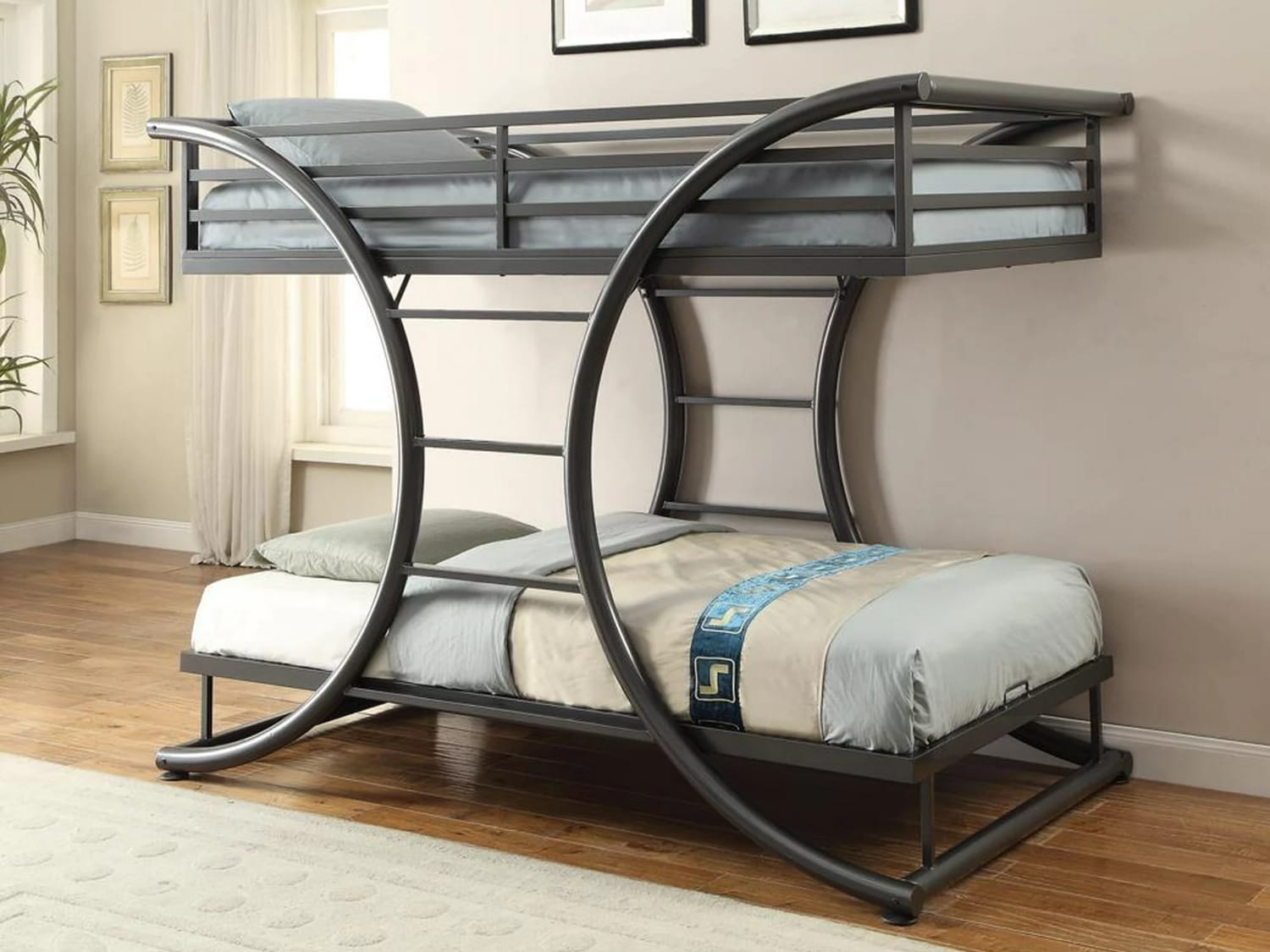 Hobgood Metal Double Over Double Bunk Bed in gunmetal finish.