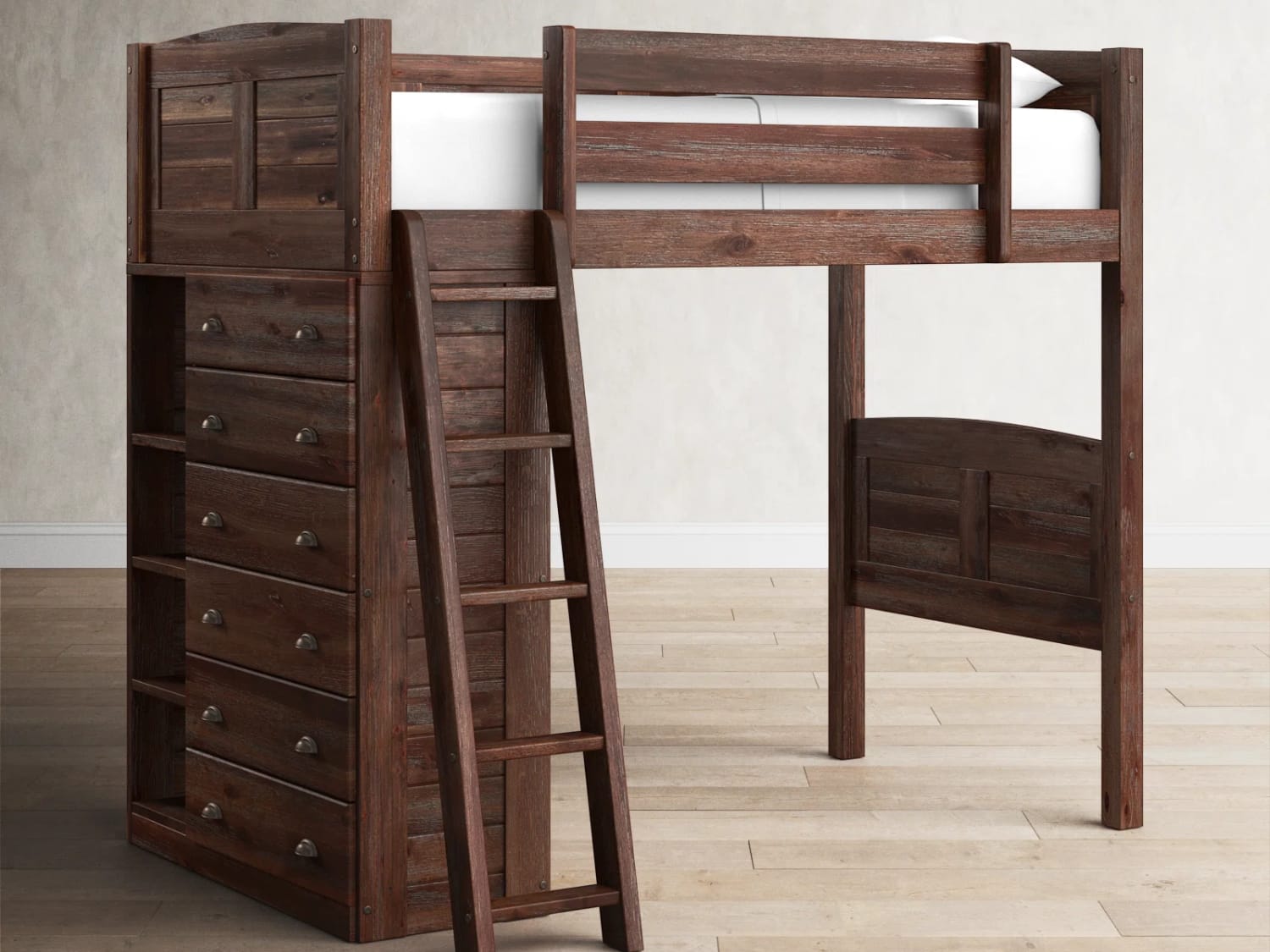 Ilario Twin Size Loft Bed with drawers and shelves in chestnut finish.