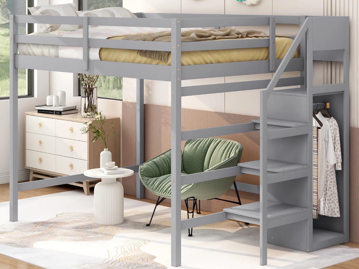 Jakeena Full Size Loft Bed with staircase in gray finish.