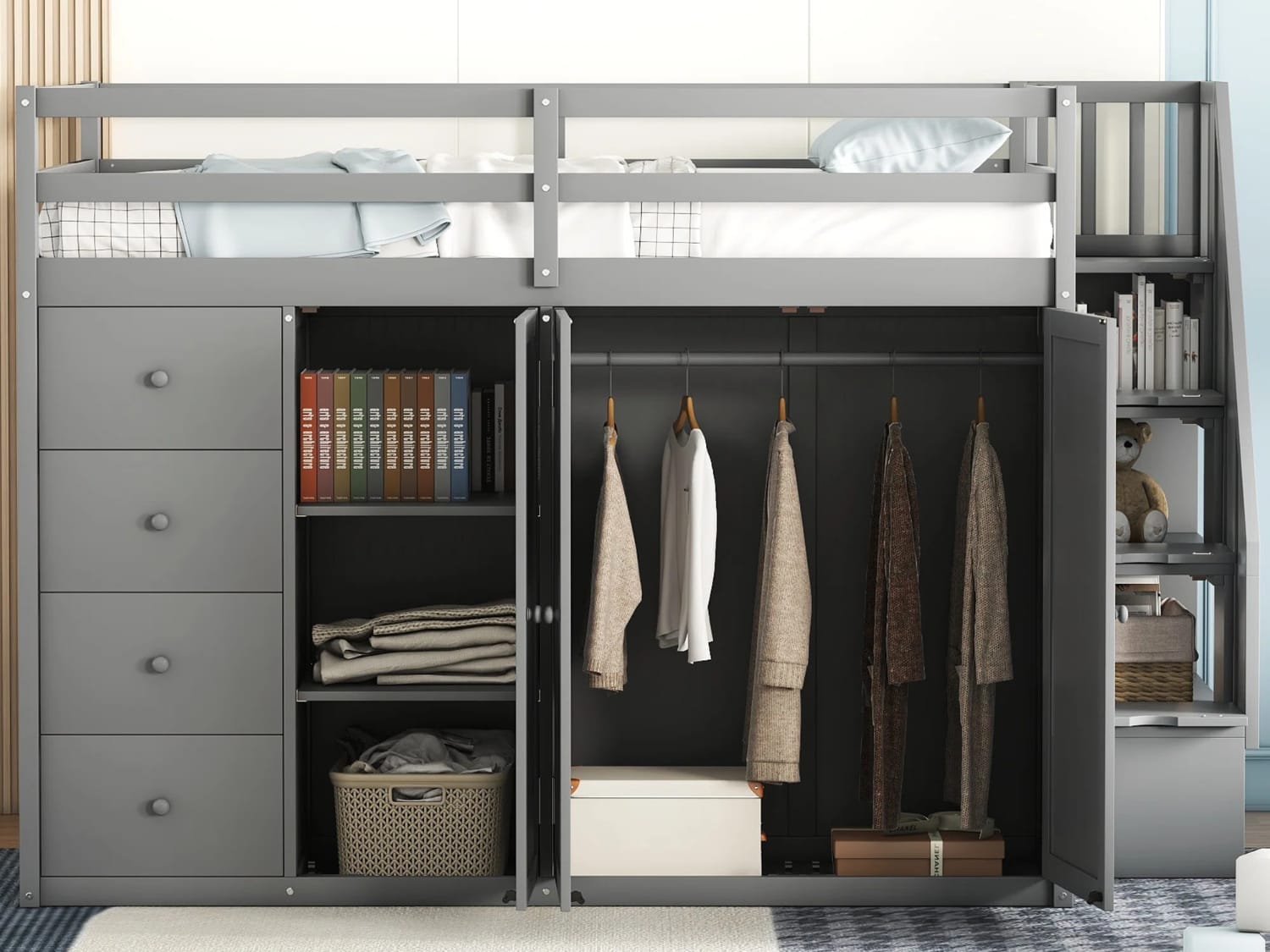 Jaquise Full Size Loft Bed with storage drawers, wardrobe and stairs in gray finish.