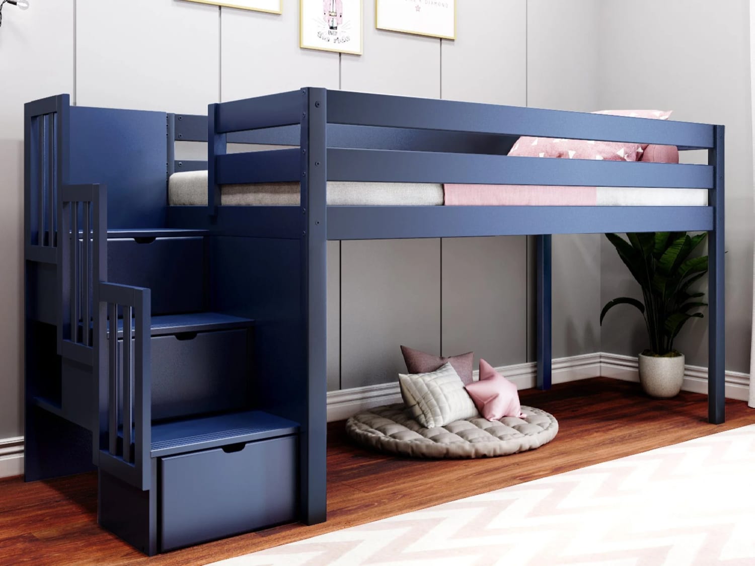 Kayser Low Loft Bed With Stairs in blue finish.