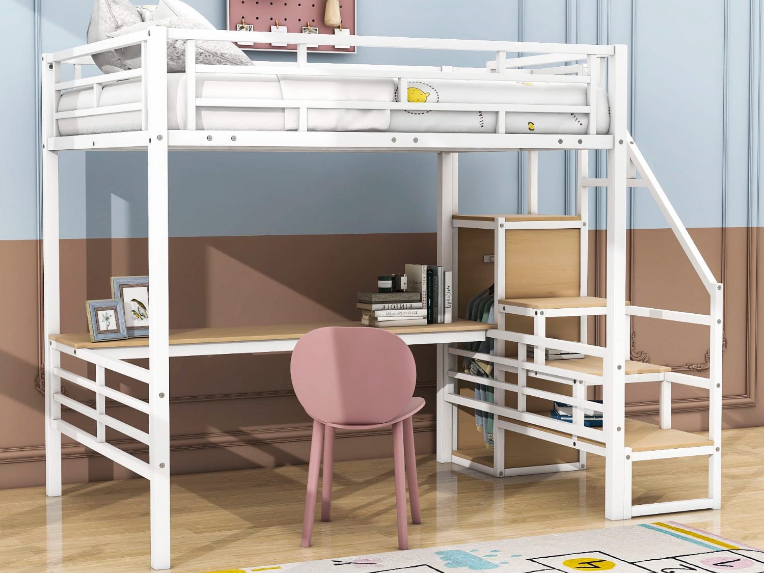 Mangano Full Size Metal Loft Bed with desk, wardrobe and stairs in white finish.