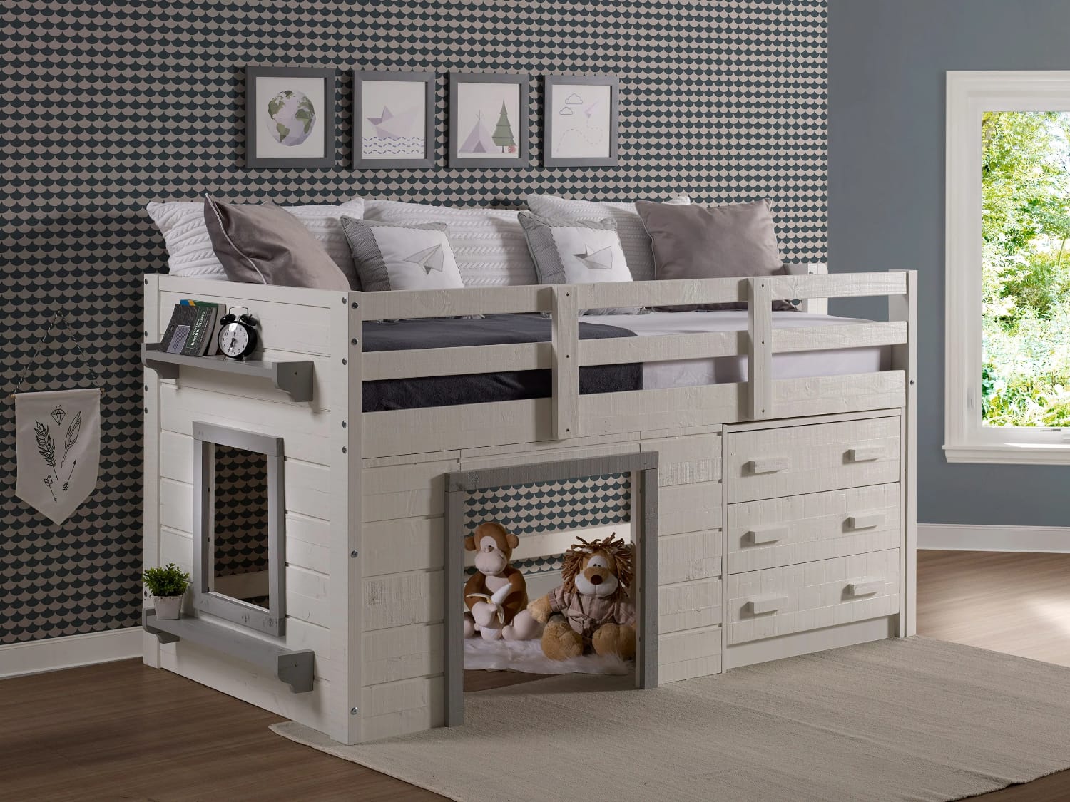 Tressa Low Loft Bed with storage drawers in white finish.