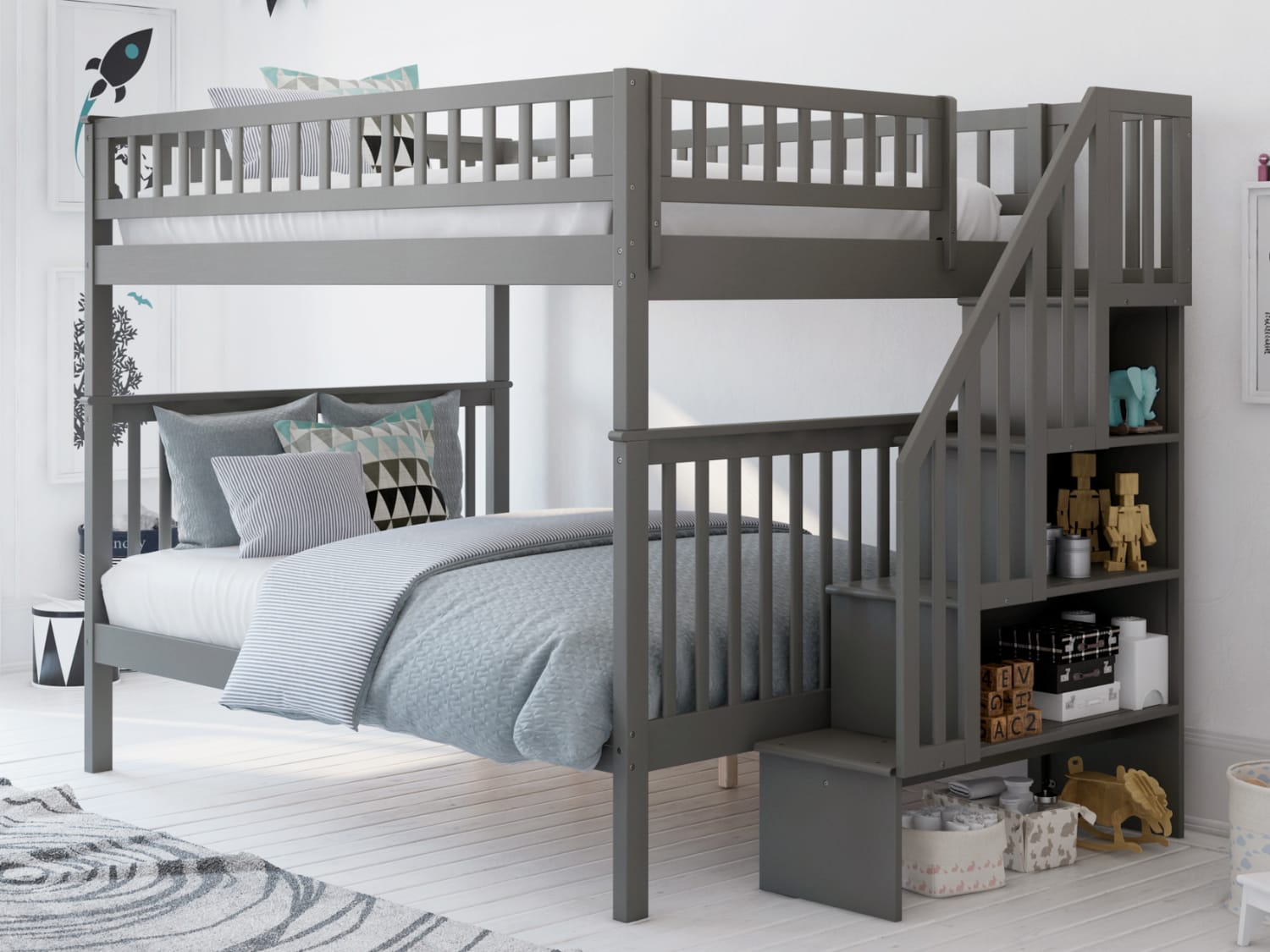 Woodland Full Over Full Bunk Bed with stairs in gray finish.