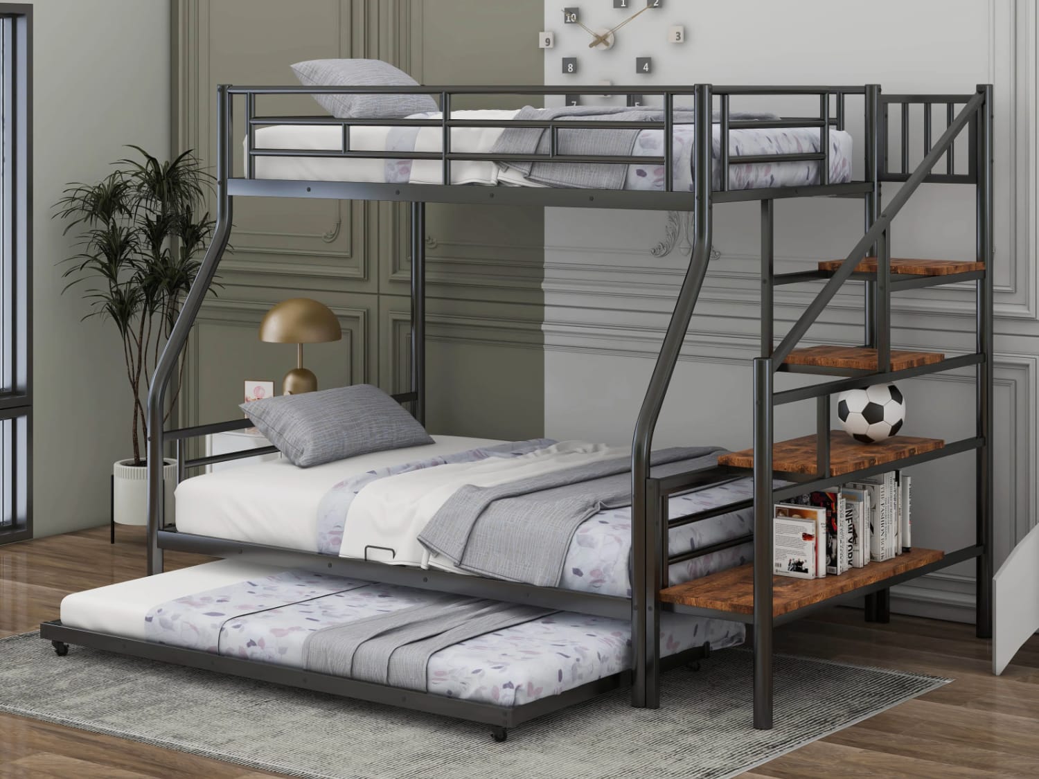 Akbez Metal Twin Over Full Bunk Bed with trundle bed and stairs in black finish.