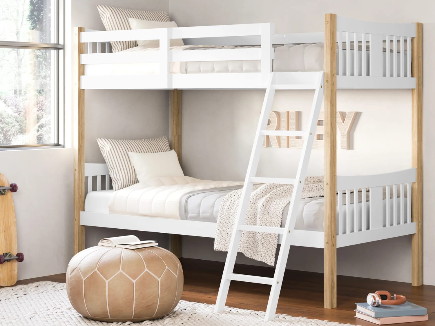 Caribou Twin Over Twin Bunk Bed in white finish with natural posts.