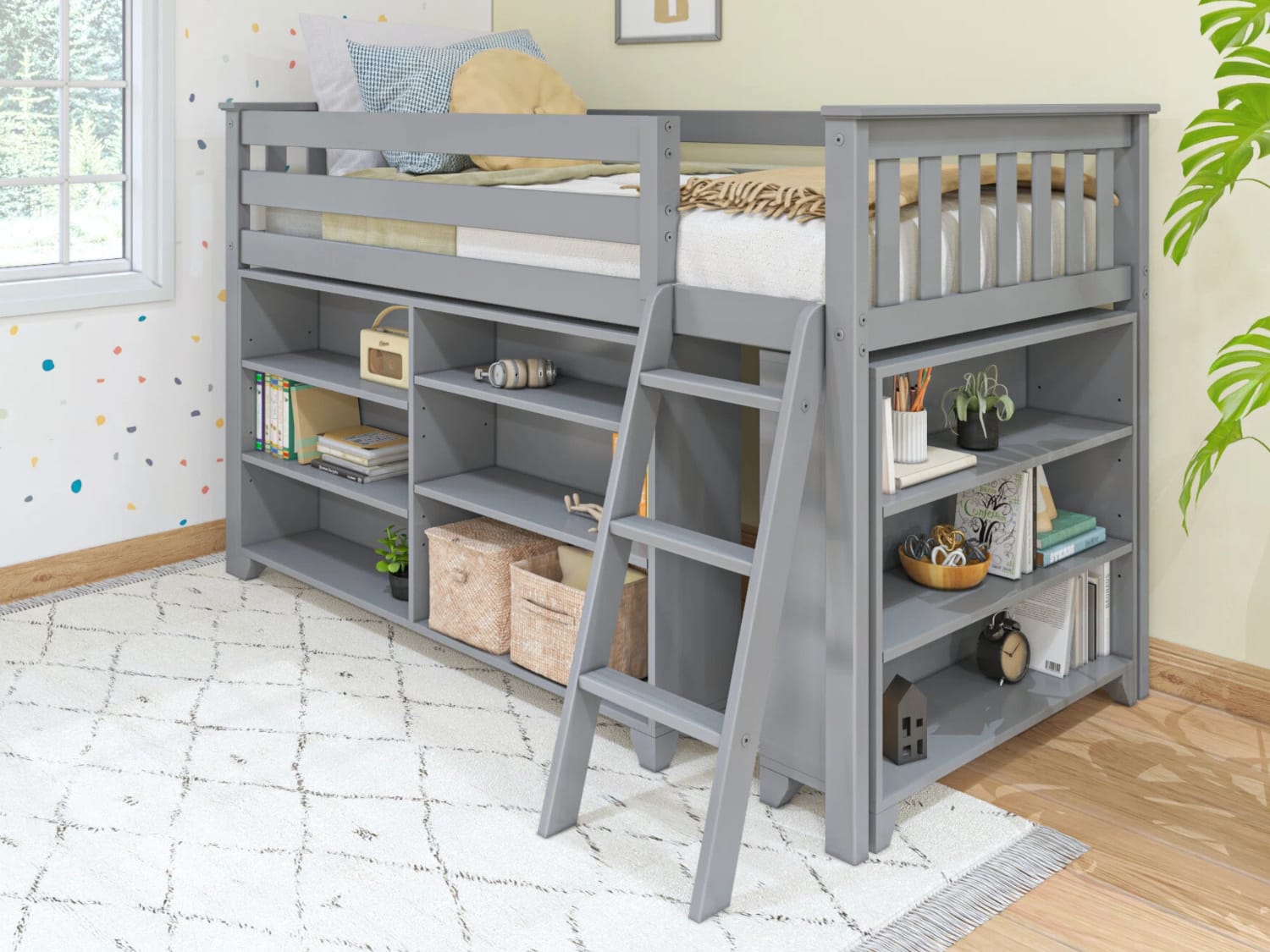 Classic Low Loft Bed With Bookcases in gray finish.