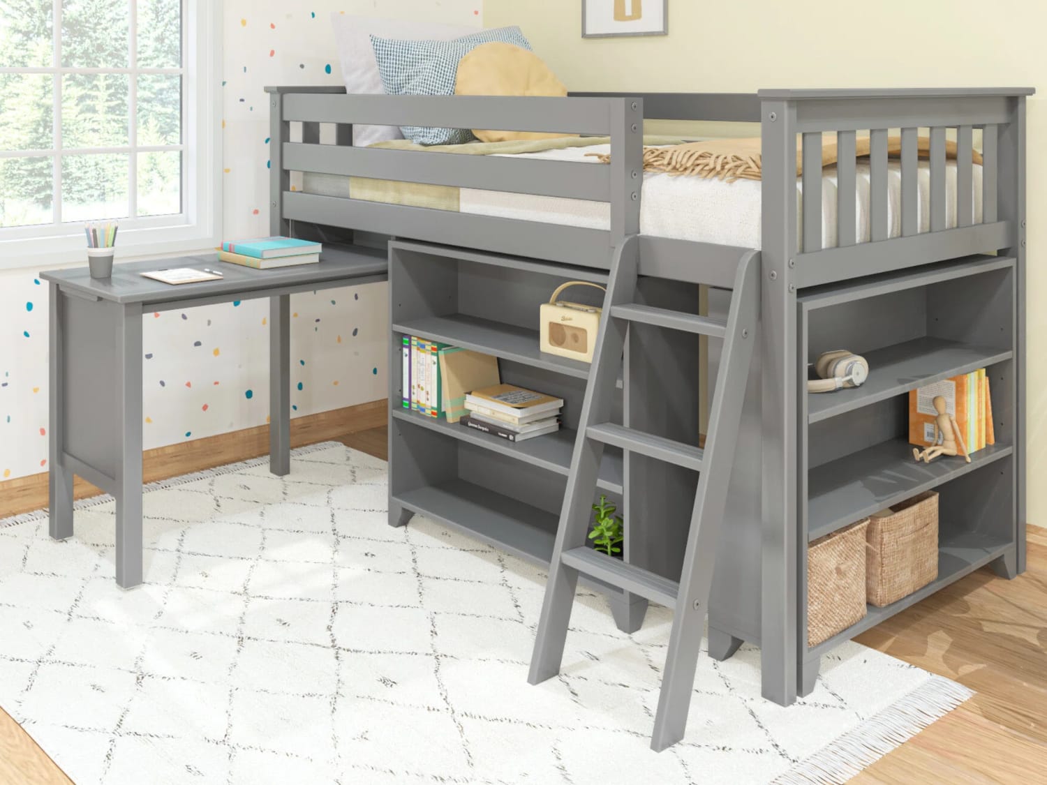 Classic Twin Size Low Loft Bed with desk and two bookcases in gray finish.