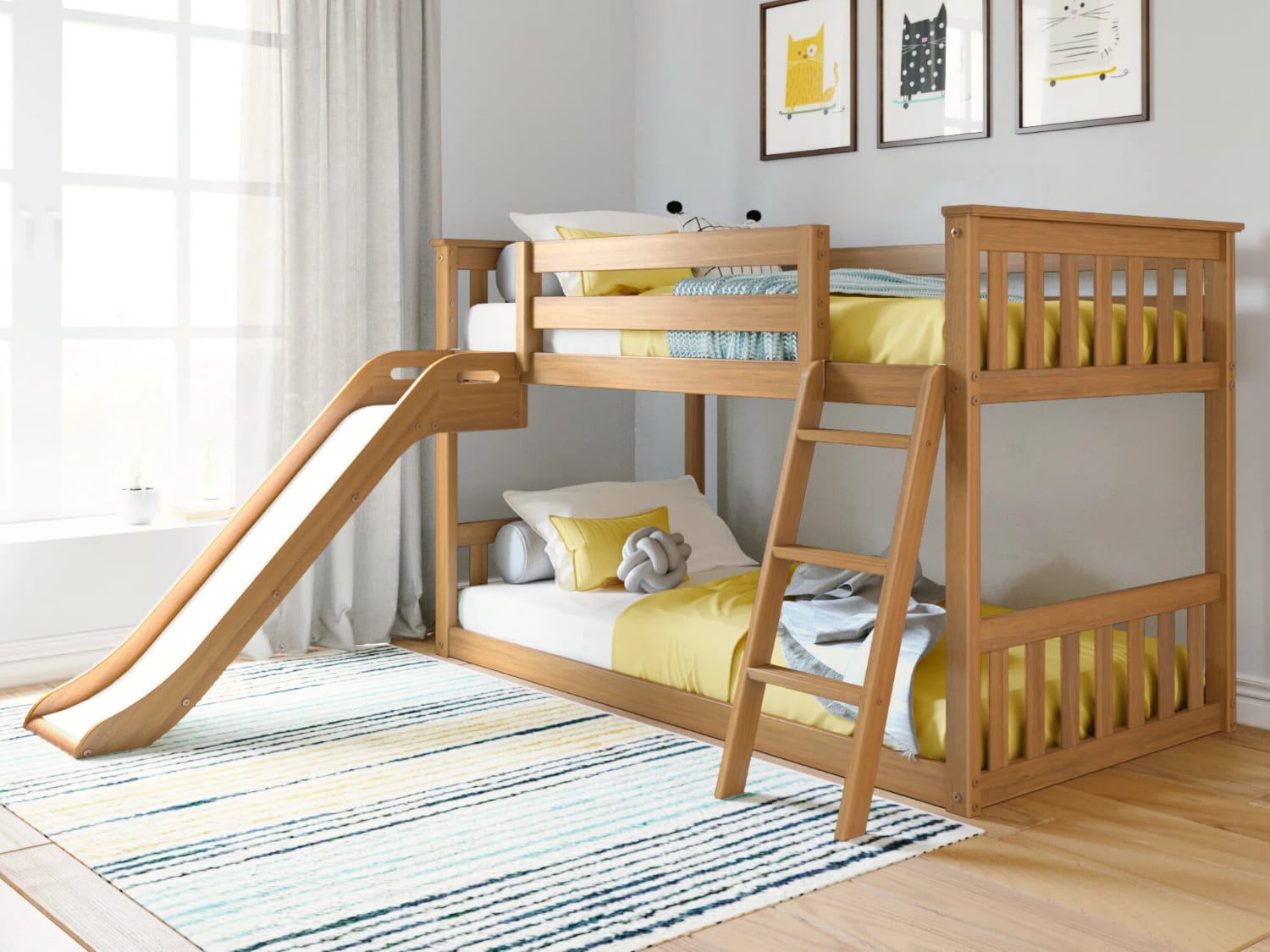 Classic Low Twin Over Twin Bunk Bed with easy slide in pecan finish.