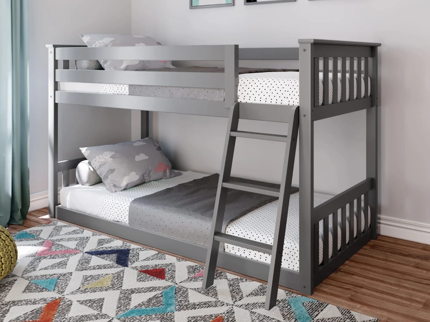 Classic Twin Over Twin Low Bunk Bed in gray finish.