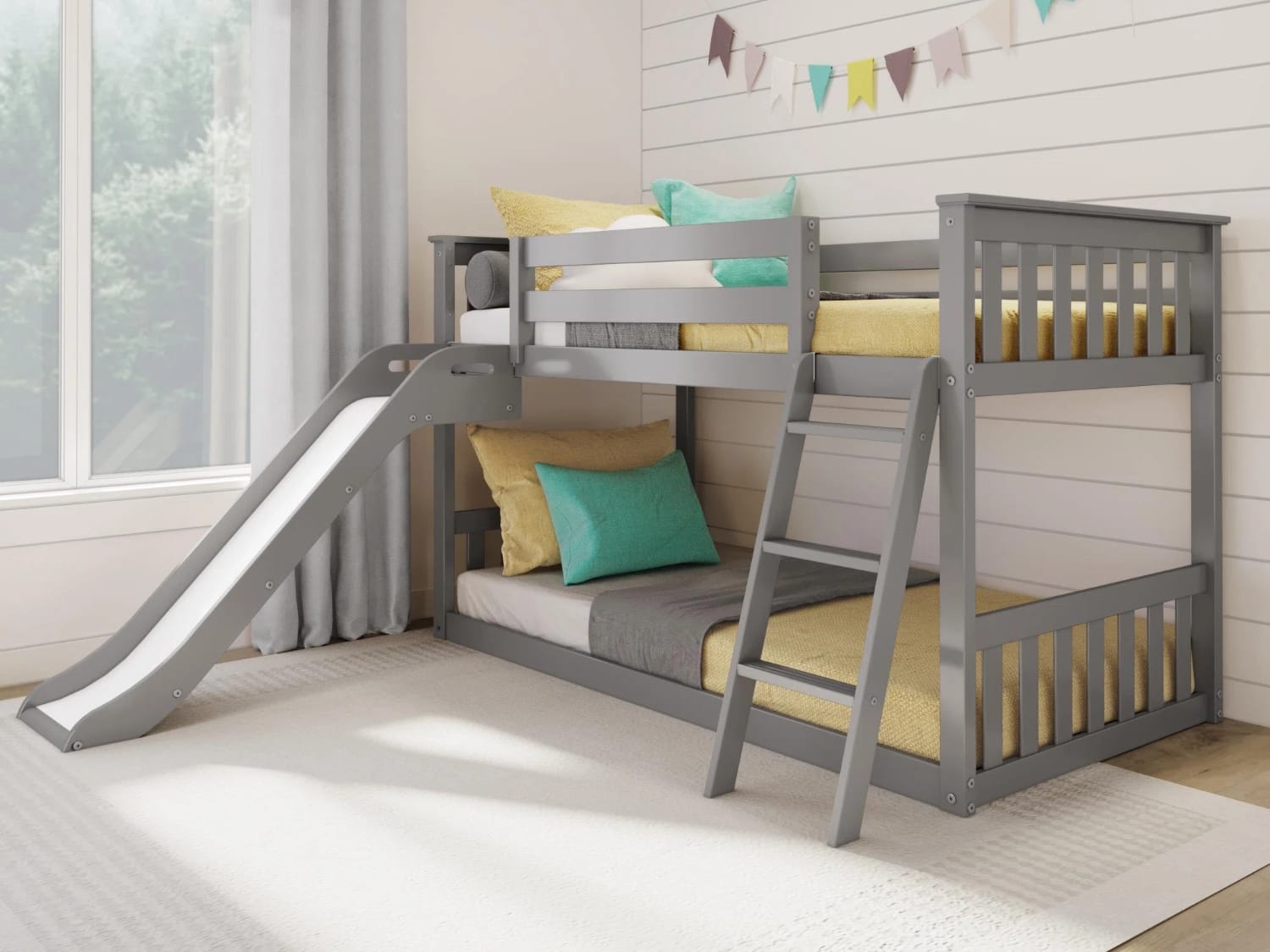 Classic Low Twin Over Twin Bunk Bed with Easy Slide in gray finish.