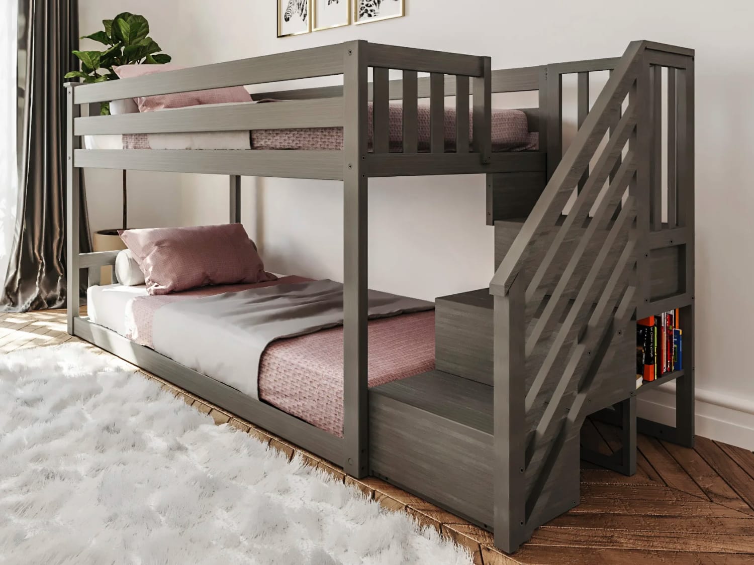 Classic Low Height Twin Over Twin Bunk Bed with stairs in clay finish.