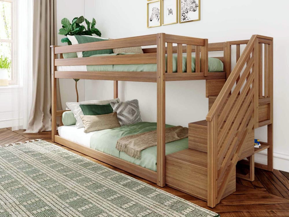 Classic Low Twin Over Twin Bunk Bed with staircase in pecan finish.