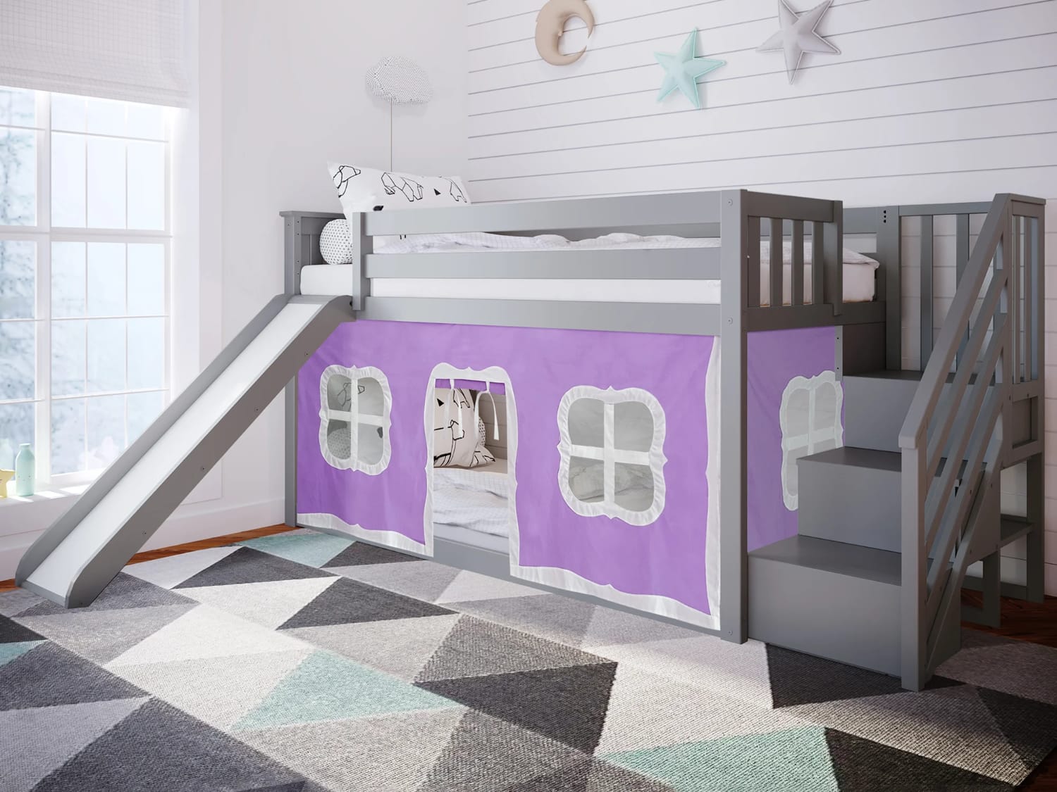 Classic Low Twin Over Twin Bunk Bed in gray finish with staircase, slide and tent in purple.