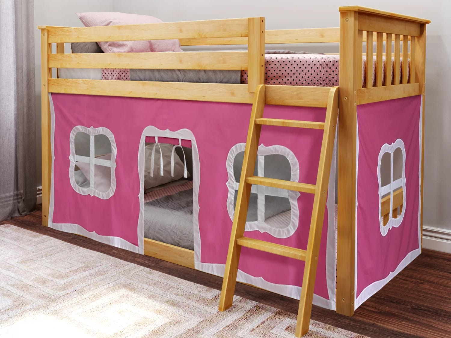 Classic Low Twin Over Twin Bunk Bed with pink tent in natural finish.