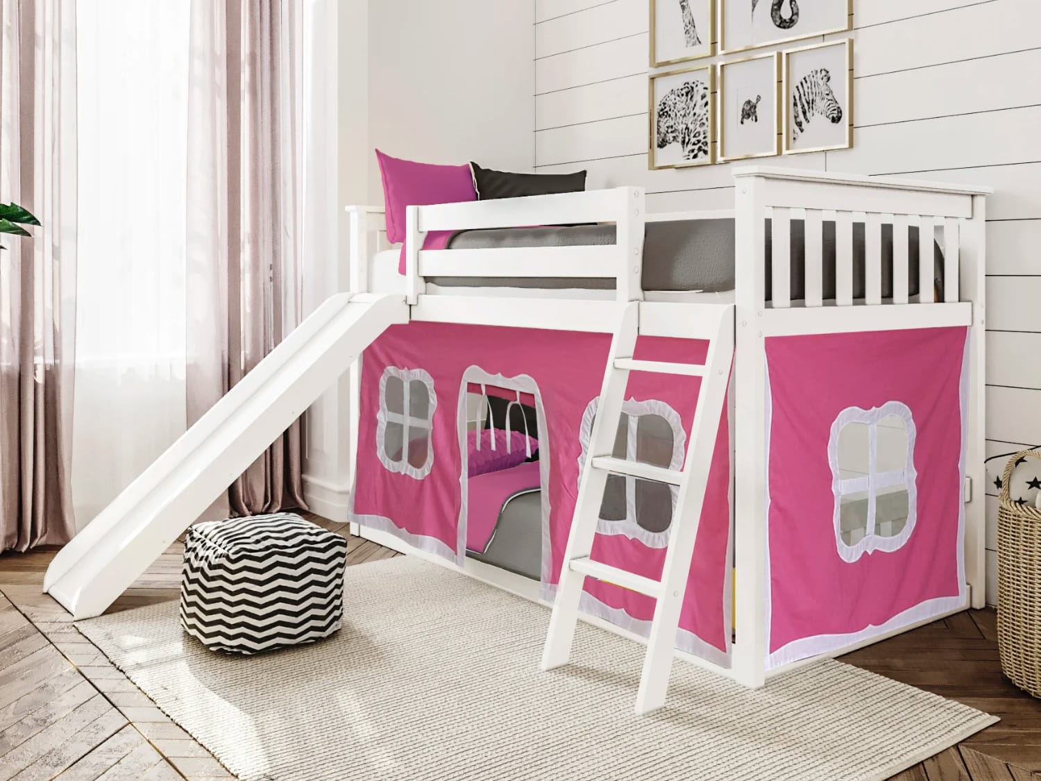 Classic Low Twin Over Twin Bunk Bed with slide and pink tent in white finish.