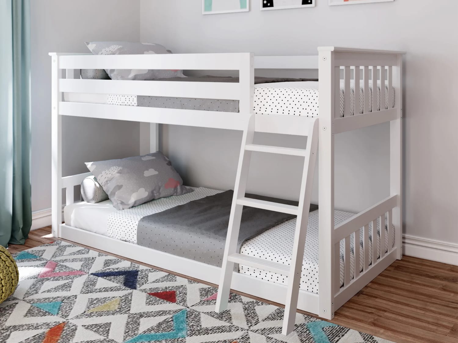 Classic Low Twin Over Twin Bunk Bed in white finish.