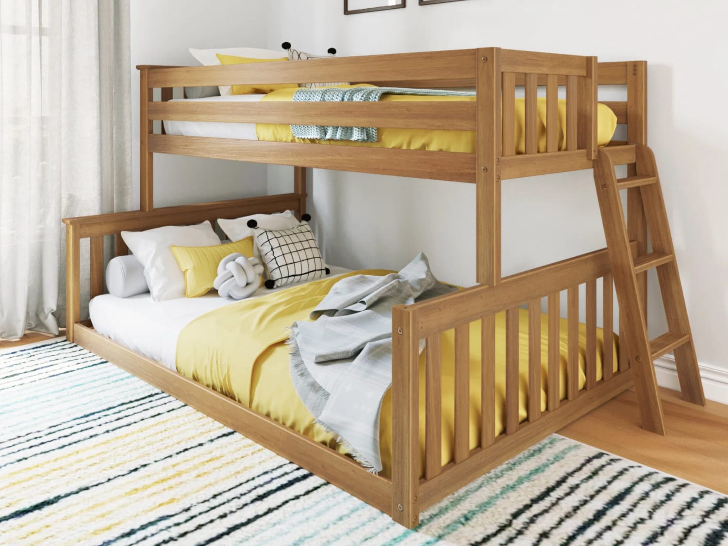 Classic Twin Over Full Low Bunk Bed in pecan finish.