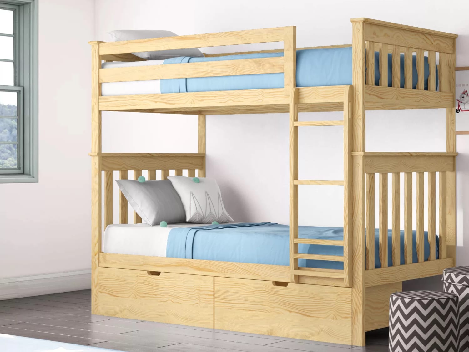 Classic Twin Over Twin Bunk Bed with storage drawers in natural finish.