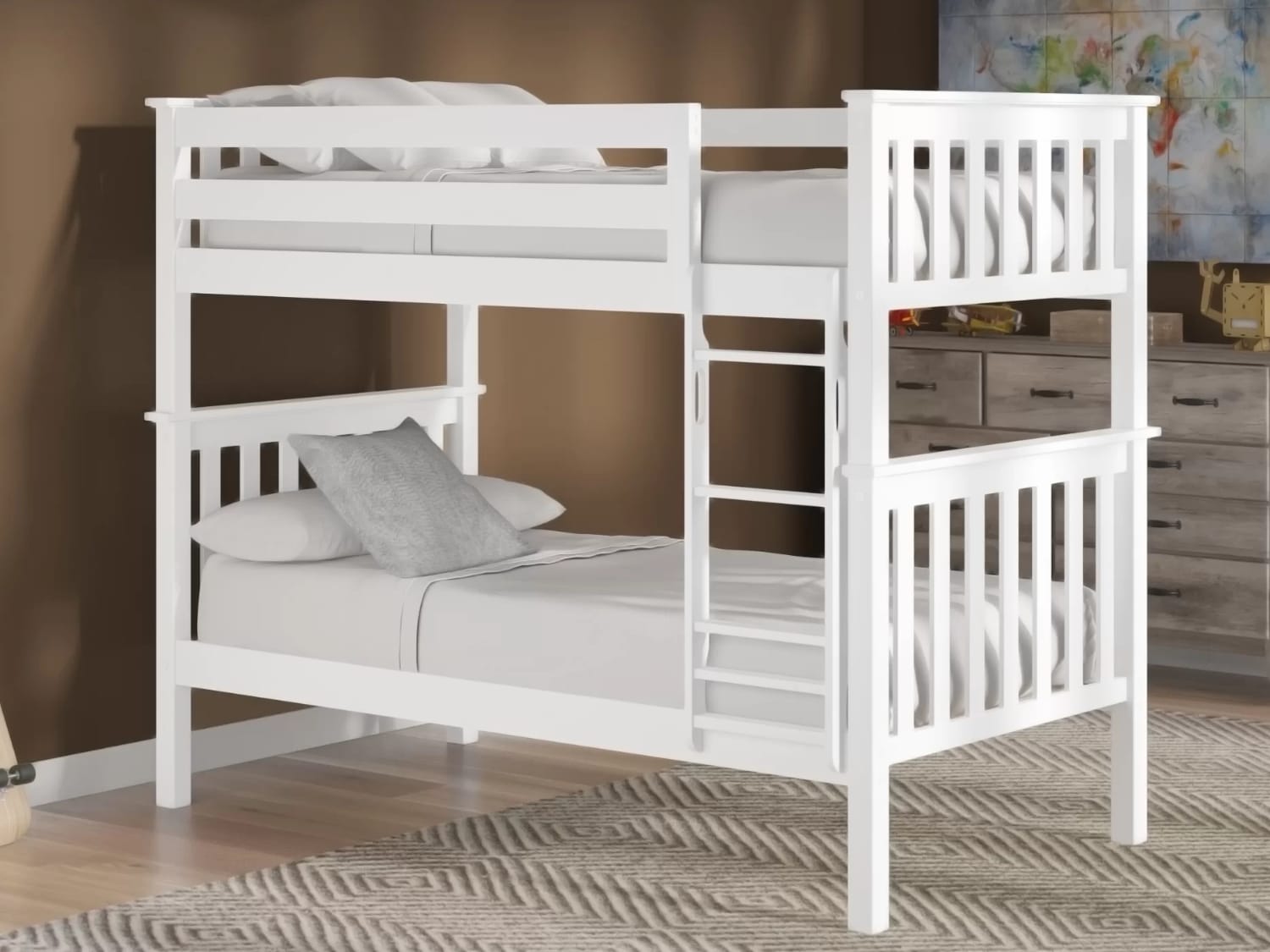 Classic Twin Over Twin Bunk Bed in white finish.